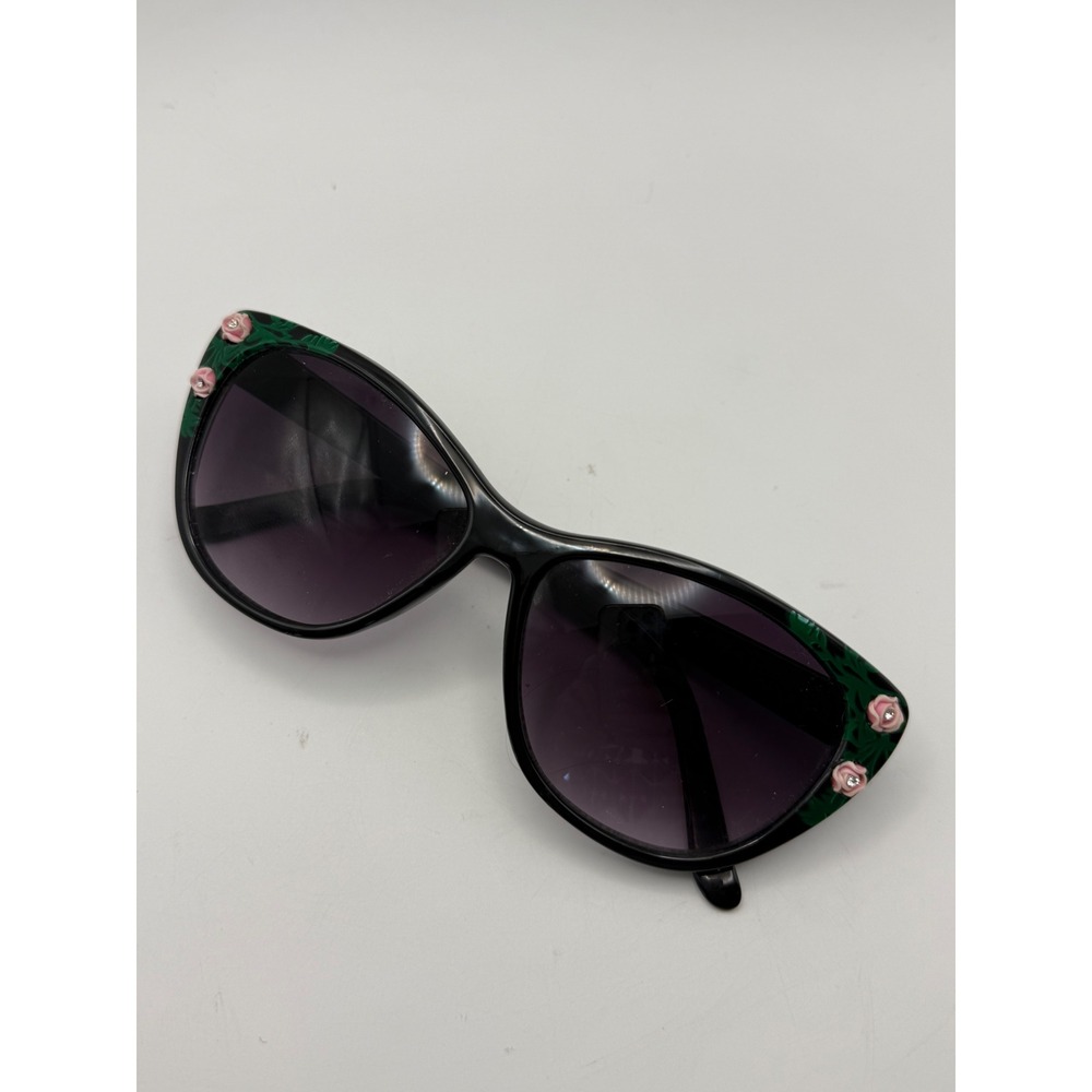 Black Cat Eye Sunglasses with Pink 3D Roses and Rhinestones Retro 8842